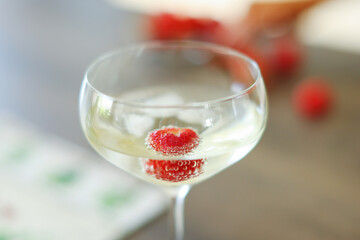 Degustating delicious wine. Cropped image of male hand holding glass with white wine isolated over white background. 