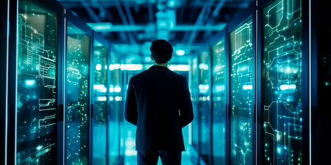 A modern data center with racks of servers, cooling systems, and technicians managing the digital infrastructure that powers our interconnected world. Generative AI