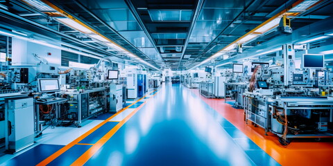 A modern electronics manufacturing plant with cleanrooms, precision equipment, and technicians assembling intricate electronic devices. Generative AI