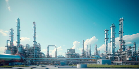 Fototapeta na wymiar A modern petrochemical plant with intricate piping systems, distillation towers, and tanks, producing various chemical compounds. Generative AI