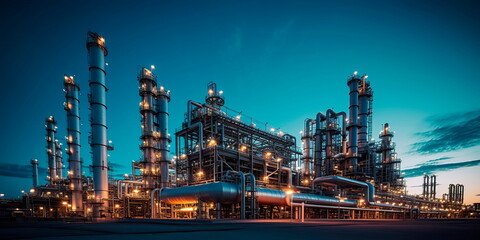 A modern petrochemical plant with intricate piping systems, distillation towers, and tanks, producing various chemical compounds. Generative AI - obrazy, fototapety, plakaty