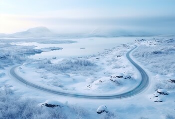Aerial View Over Cold Winter Road in Northern Norw
