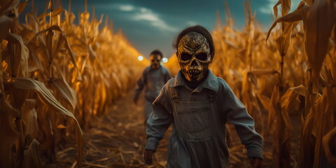Children dressed in costumes exploring a haunted corn maze, with jack-o'-lanterns guiding their way. Generative Ai