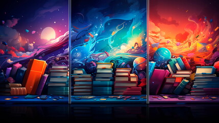 dynamic back to school background with a burst of colorful geometric shapes and symbols representing different academic subjects. Generative Ai