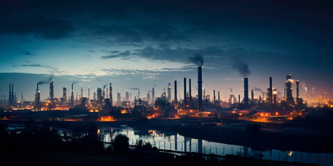 Extensive industrial zone with powerful factories and plants operating at full capacity. Generative Ai