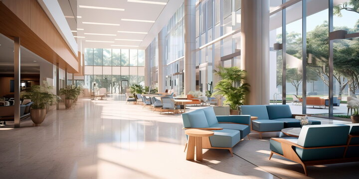 Detailed interior shots of a modern hospital lobby, showcasing the sleek design, comfortable seating areas, and welcoming atmosphere. Generative AI
