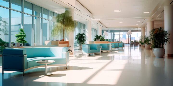 Detailed interior shots of a modern hospital lobby, showcasing the sleek design, comfortable seating areas, and welcoming atmosphere. Generative AI