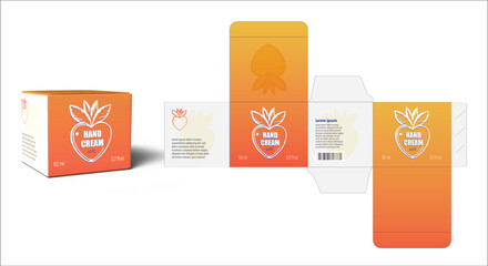 Modern hand cream package design Yellow Berry and Fruit Flavor, in a small cardboard die line. Template for spa and care branding, ready for print