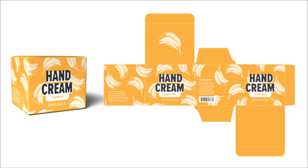 Nice hand cream yellow package design with a Banana flavor, in a small cardboard die line. Template for spa and care branding, ready for print