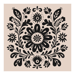 Black and beige boho symmetrical ornament with flowers. Scandinavian folk art. Ethnic botanical vector illustration. Floral silhouette composition.