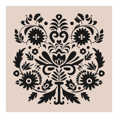 Black and beige boho symmetrical ornament with flowers. Scandinavian folk art. Ethnic botanical vector illustration. Floral silhouette composition.