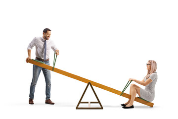 Man lifing a young woman on a seesaw