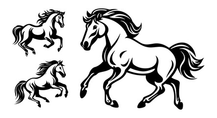 Running horse black outline art set. Animal mascot vector illustration. Logo graphic design.