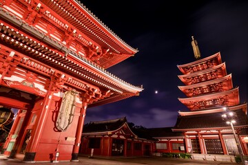 Fototapeta na wymiar 東京　浅草寺の夜景（宝蔵門と五重塔）