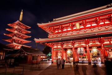 東京　浅草寺の夜景（宝蔵門と五重塔） - obrazy, fototapety, plakaty