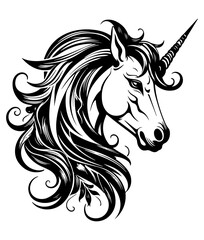 Unicorn horse head black outline art. Animal mascot vector illustration. Logo graphic design.