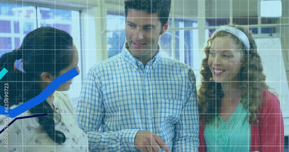 Poster Animation of data processing over diverse business people using computer