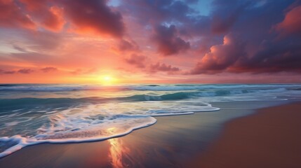 Fototapeta na wymiar Majestätischer Sonnenuntergang am Strand. Weite Sicht auf das Meer mit farbenfrohen Wolken. Ruhe und Schönheit der Natur.
