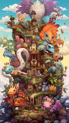 highly detailed fantasy illustration, featuring kawaii dragons and otherworldly creatures, botanical abundance, intricate landscapes, cute and dreamy