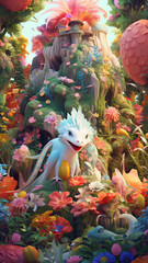 highly detailed fantasy illustration, featuring kawaii dragons and otherworldly creatures, botanical abundance, intricate landscapes, cute and dreamy