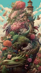Abwaschbare Fototapete Bordeaux highly detailed fantasy illustration, featuring kawaii dragons and otherworldly creatures, botanical abundance, intricate landscapes, cute and dreamy