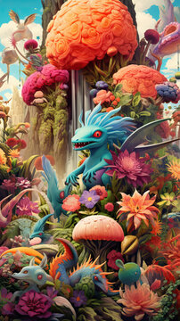 highly detailed fantasy illustration, featuring kawaii dragons and otherworldly creatures, botanical abundance, intricate landscapes, cute and dreamy