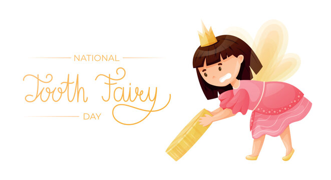 National holiday Tooth Fairy Day. Vector cartoon banner or poster. Girl princess with wings pulling a huge gold coin.