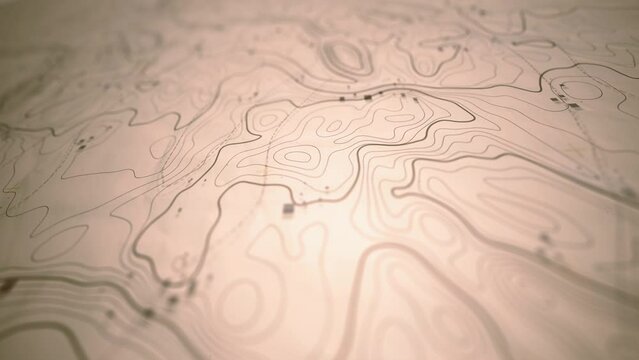 3d Topographic Map Exploration Background/ 4k animation of a 3d topographic map exploration with layered outlined terrain relief and area landmarks and depth of field blur on white torn paper