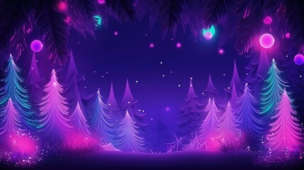 Neon collard trendy Christmas holiday background banner. Gamer gen z aesthetics. Winter fur trees in purple and blue colours. Generative ai