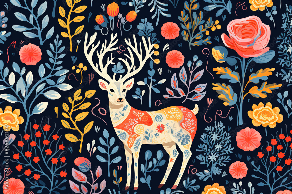 Fototapete image of pattern design using deer and flowers and leaves. wildlife animals. illustration, generativ