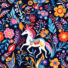 Image of pattern design using horse and flowers and leaves. Wildlife Animals. Illustration, Generative AI.