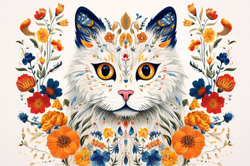 Image of pattern design using cat head and flowers and leaves. Pet. Animals. Illustration, Generative AI.