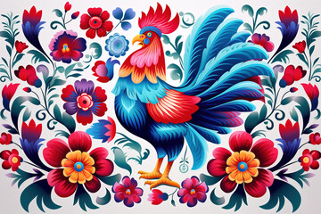 Fototapeta na wymiar Image of pattern design using rooster and flowers and leaves. Farm animals. Illustration, Generative AI.