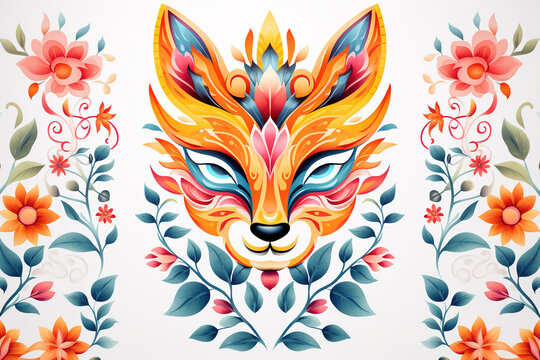Image of pattern design using fox head and flowers and leaves. Wildlife Animals. Illustration, Generative AI.