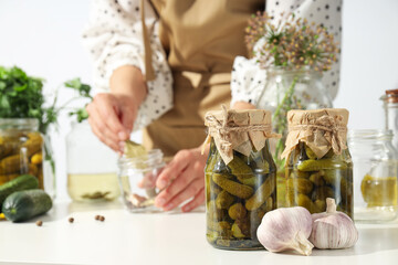 Tasty canned food concept, canned cucumbers, food for winter