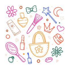 Large set of accessories for girls in a linear style. Handbag, crown, magic wand, lipstick, mirror, makeup brush, ring, heart on a light background. Design element for packaging or children's store.