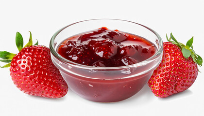 strawberry jam in glass bowl and fresh berries near isolated on white background
