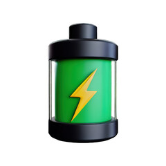 a green battery with a yellow lightning symbol on it's side and a black cap, plastic 3d style, isolated transparency background - generative ai.