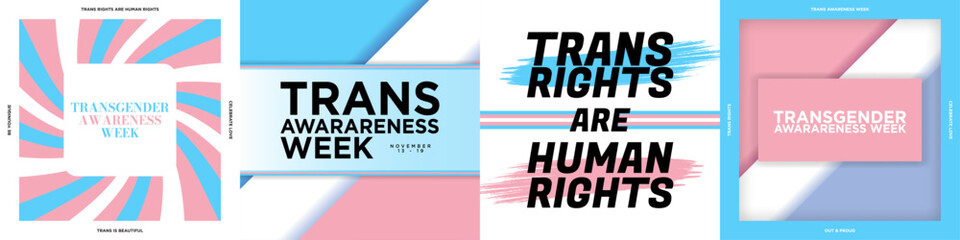 Set of Transgender Awareness Week Greeting Designs. Trans Awareness Week Artworks. Trans Rights are Human Rights. Celebrated on November 13 to 19. Trans Pride Flag Colors. Vector Illustration. - obrazy, fototapety, plakaty