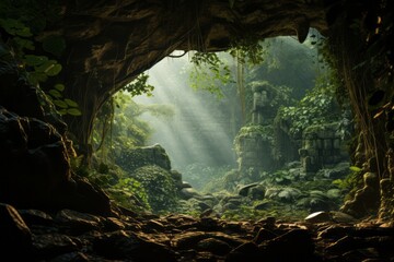 Hidden cave entrance in a lush jungle, Generative AI