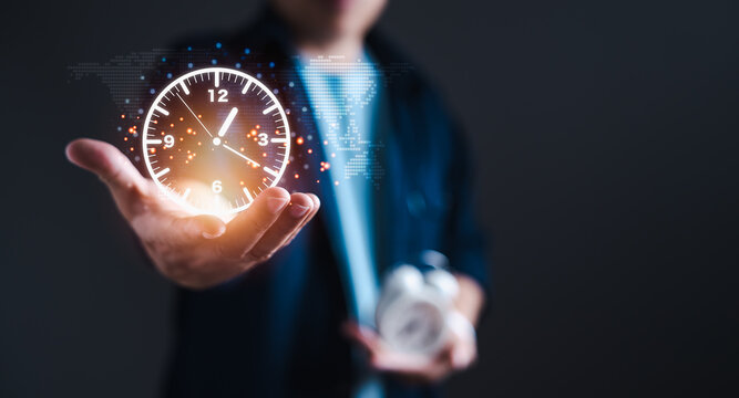 Mastering Time Management, Businessman Embracing the Power of Virtual Icons