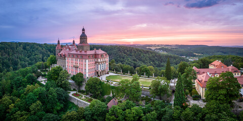 Sunset aerial panorama of Ksiaz Castle near Walbrzych, Poland.