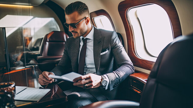 Smiling businessman looking at window in private plane. Business jet interior.
