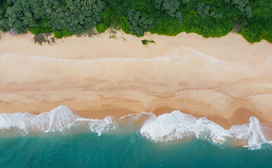 Huge turquoise waves breaking on lonely sandy beach on Sri Lanka island covered with mangrove forest, Tangalle, Hambantota District. Traveling or exotic Asian countries aerial drone point view concept