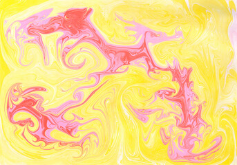 Fototapeta na wymiar Pink-scarlet fiery bird with elegantly open wavy wings with long feathers. Bright sunny background with marble texture. Abstract festive New Year wallpaper on yellow cloud. Red fire dragon silhouette.