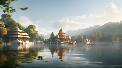 Indian temple on wide river trace  - obrazy, fototapety, plakaty