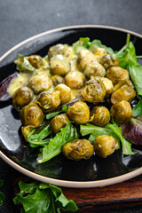 Brussels sprouts sauce mustard vegetable healthy food meal food snack on the table copy space food background rustic top view