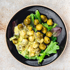 Brussels sprouts sauce mustard vegetable healthy food meal food snack on the table copy space food background rustic top view