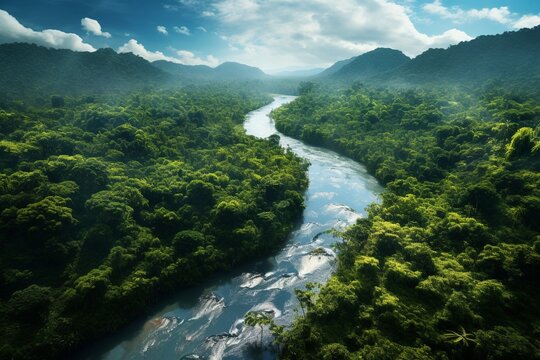 Landscape photography of rainforests with meandering rivers, Generative AI