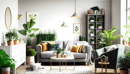Living room with sofa and green plants. Generative ai design.